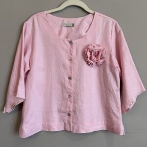 Chalet Linen Pastel Pink Rosette Soft Girl Medium USA Blouse Flower Shell Button